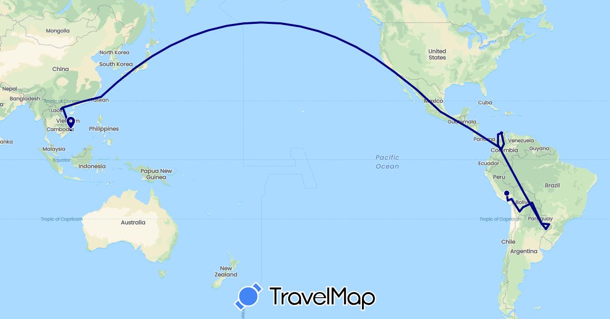 TravelMap itinerary: driving in Bolivia, Colombia, Mexico, Peru, Paraguay, Taiwan, United States, Vietnam (Asia, North America, South America)